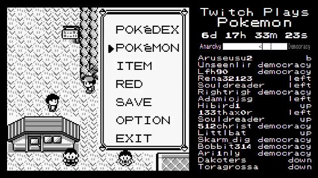 Twitch Plays Pokémon: spillet til venstre og seernes tekstkommandoer up, down og left i panelet til højre.